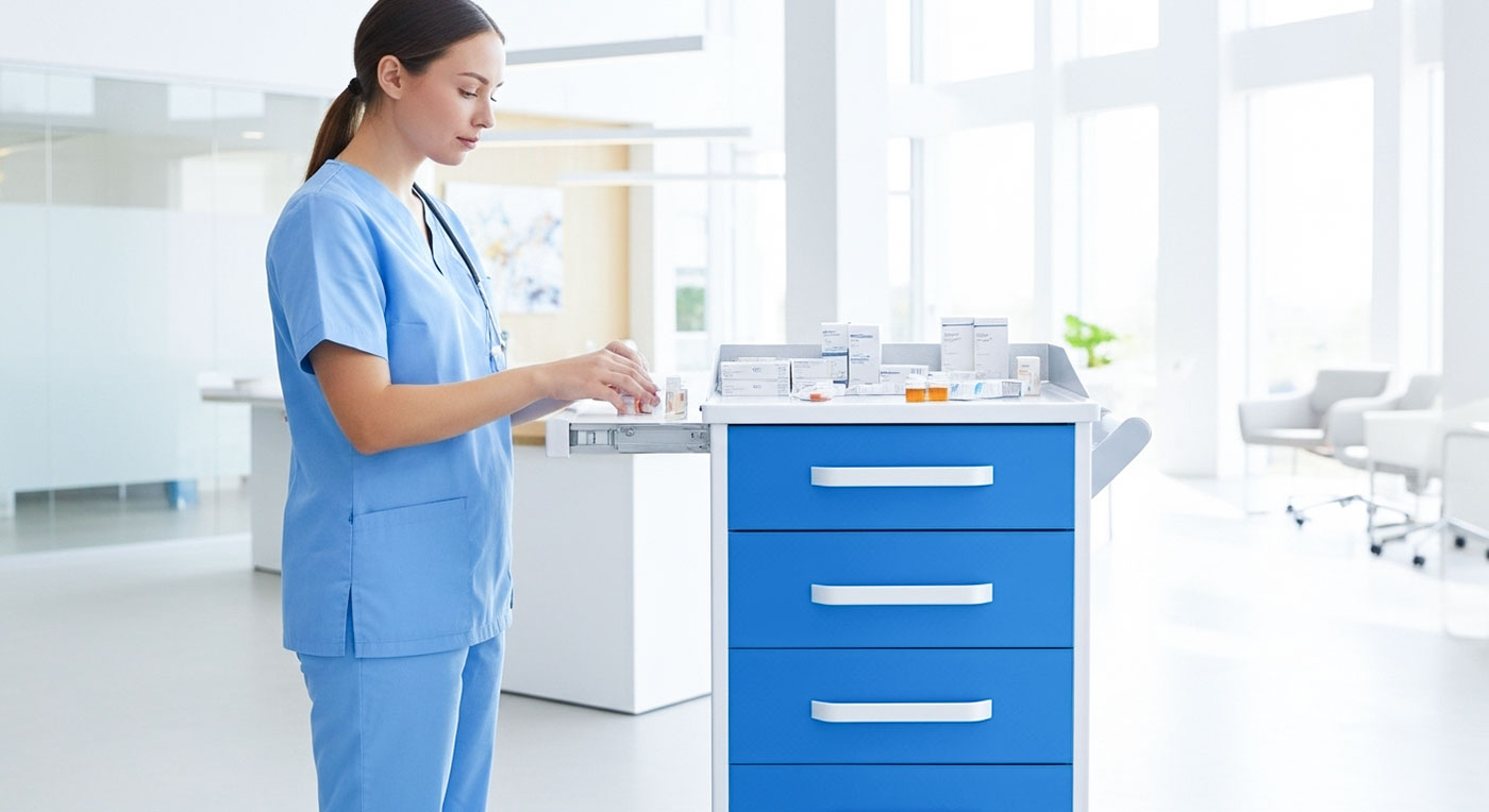 Hospimed - 2.2. Behandlungs- und Verbandwagen - Verband- und Behandlungswagen Amigo V - Frontfarbe RAL5002 - ultramarinblau