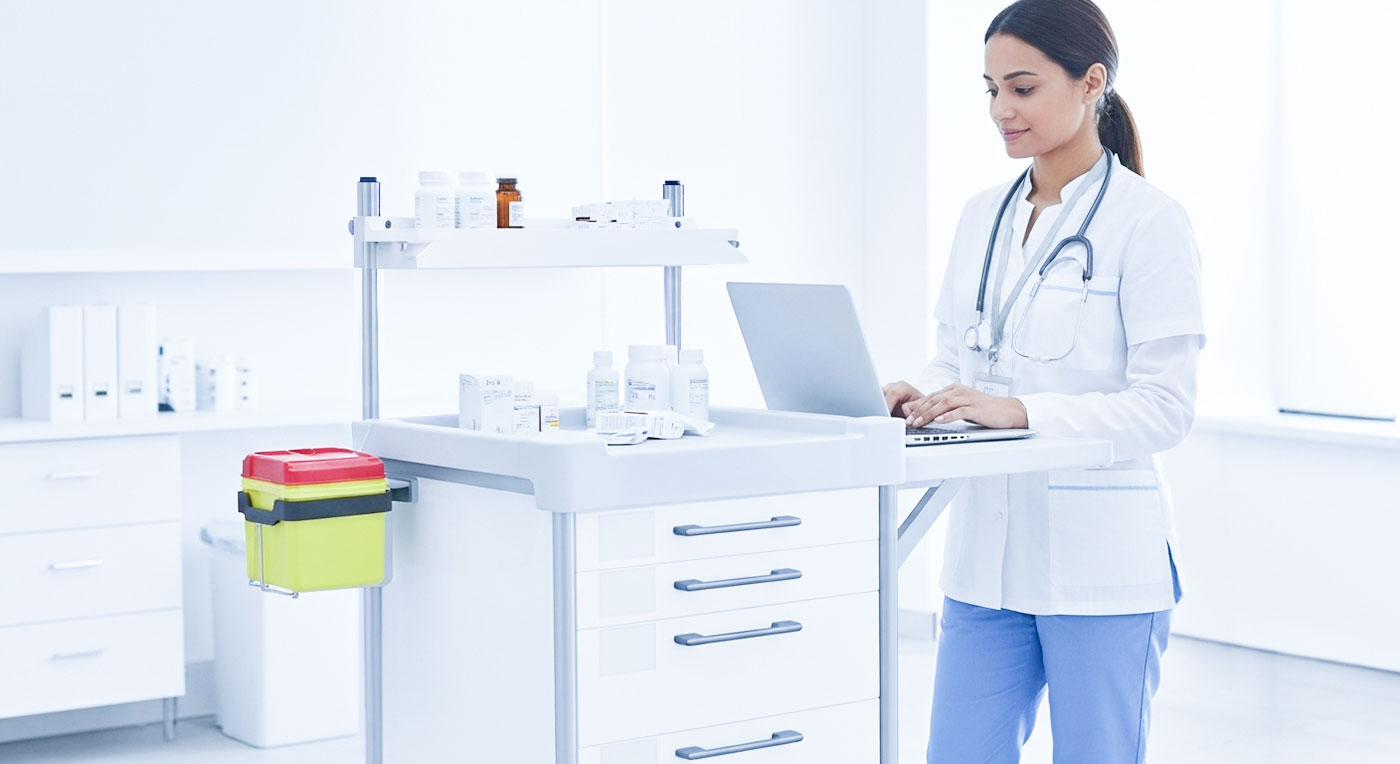 Hospimed - 2.2. Behandlungs- und Verbandwagen - Behandlungswagen Claro III - Klapptablar, 6 Schubladen - Breite 48 cm - H105 cm